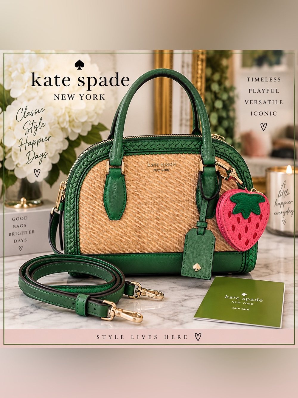 Kate Spade Reiley Straw Dome Satchel in Green Bean + Strawberry Coin Purse